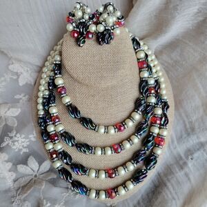 Hobe signed bib necklace and waterfall earrings set beaded aurora borealis pearl